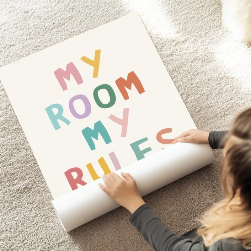 affiche avec le texte my room my rules en typographie coloree et irreguliere sur au sol.webp