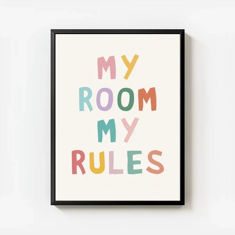 affiche avec le texte my room my rules en typographie coloree et irreguliere sur avec cadre.webp