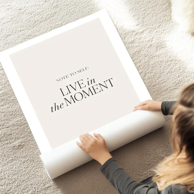 affiche avec le texte note to self live in the moment en typographie noire sur f au sol.webp