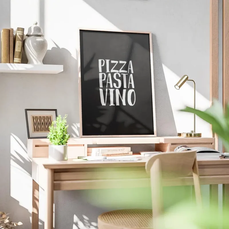 affiche avec le typographie blanche pizza pasta vino sur un fond noir texture co bureau.webp