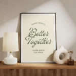 affiche avec les mots better together en vert fonce avec sharing moments et gath meuble.webp