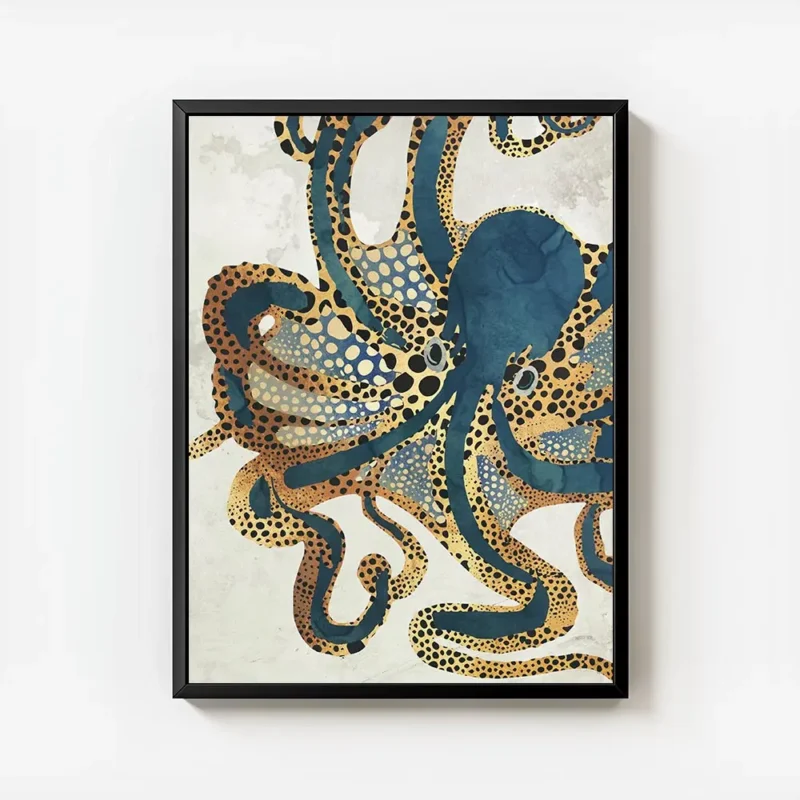 affiche avec lillustration dune pieuvre aux tentacules bleus et beiges parsemes avec cadre.webp