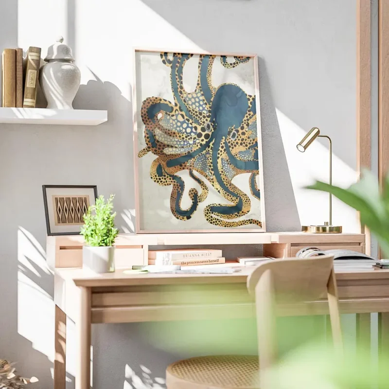 affiche avec lillustration dune pieuvre aux tentacules bleus et beiges parsemes bureau.webp