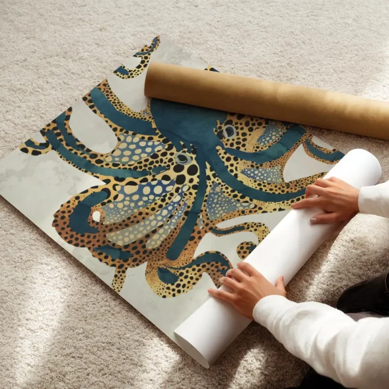 affiche avec lillustration dune pieuvre aux tentacules bleus et beiges parsemes enroule.webp