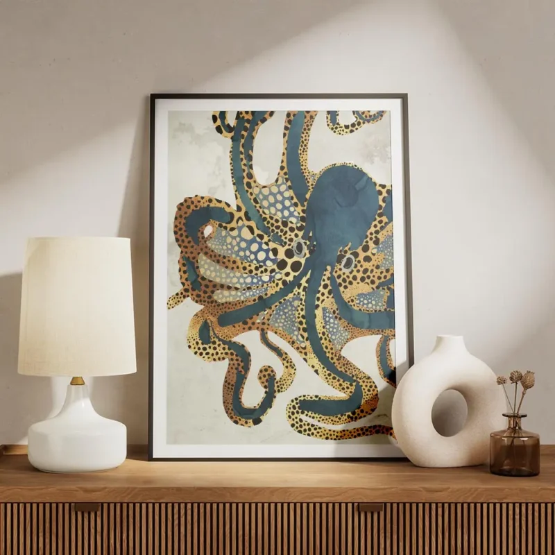 affiche avec lillustration dune pieuvre aux tentacules bleus et beiges parsemes meuble.webp