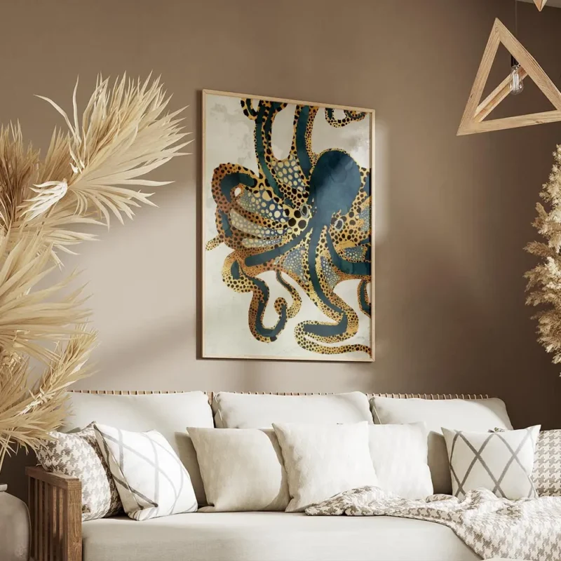 affiche avec lillustration dune pieuvre aux tentacules bleus et beiges parsemes salon.webp