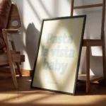 affiche avec linscription pasta la vista baby en bleu sur fond raye jaune clair encadre.webp