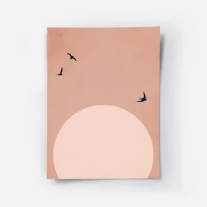 affiche avec lune rose pale et ciel rose des oiseaux noirs volent sur fond clair.webp