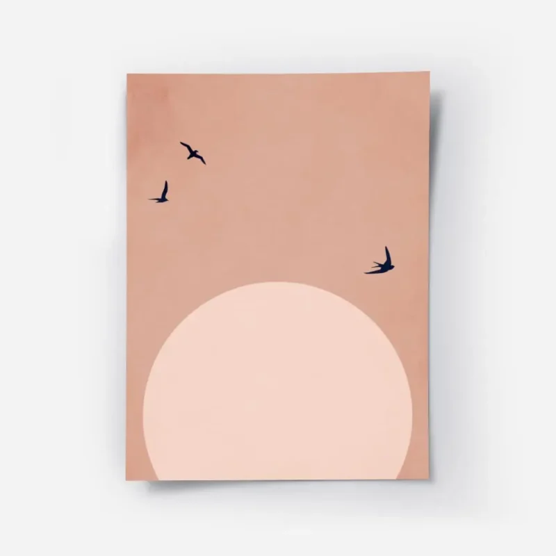 affiche avec lune rose pale et ciel rose des oiseaux noirs volent sur fond clair.webp