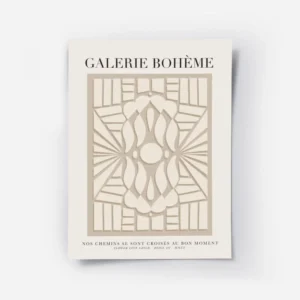 affiche avec motif abstrait beige sur fond gris et typographie galerie boheme.webp
