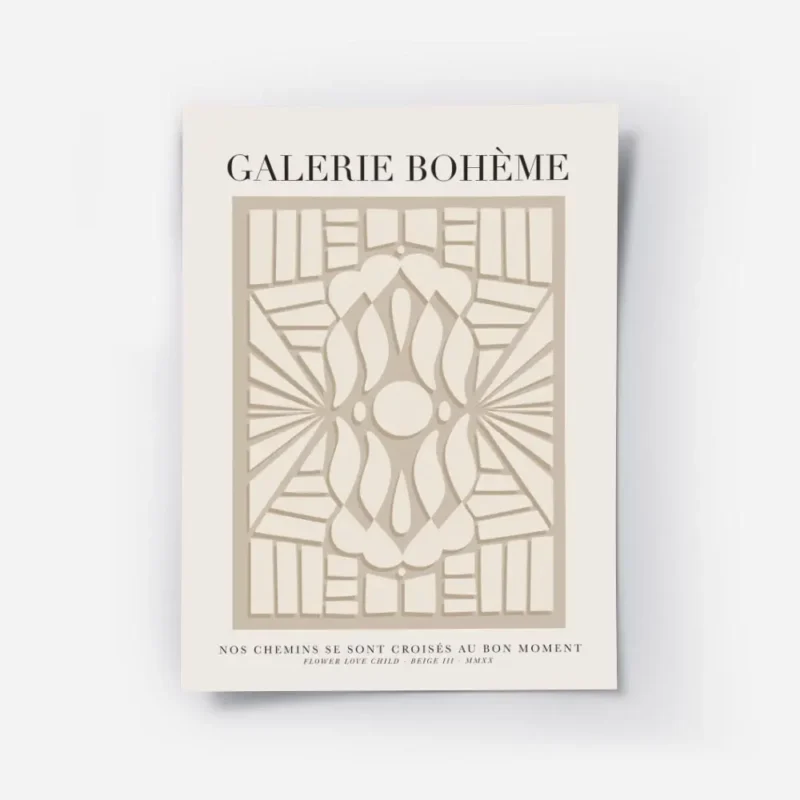 affiche avec motif abstrait beige sur fond gris et typographie galerie boheme.webp