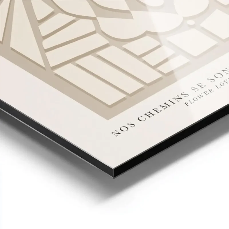 affiche avec motif abstrait beige sur fond gris et typographie galerie boheme aluminium.webp