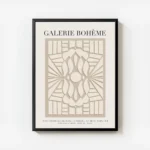 affiche avec motif abstrait beige sur fond gris et typographie galerie boheme avec cadre.webp