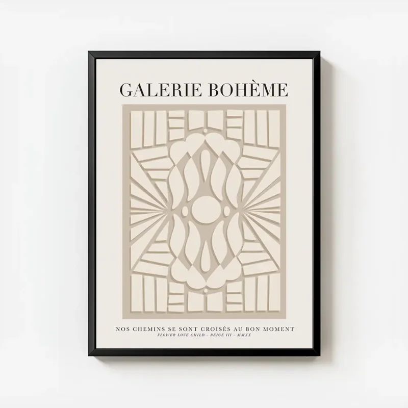 affiche avec motif abstrait beige sur fond gris et typographie galerie boheme avec cadre.webp