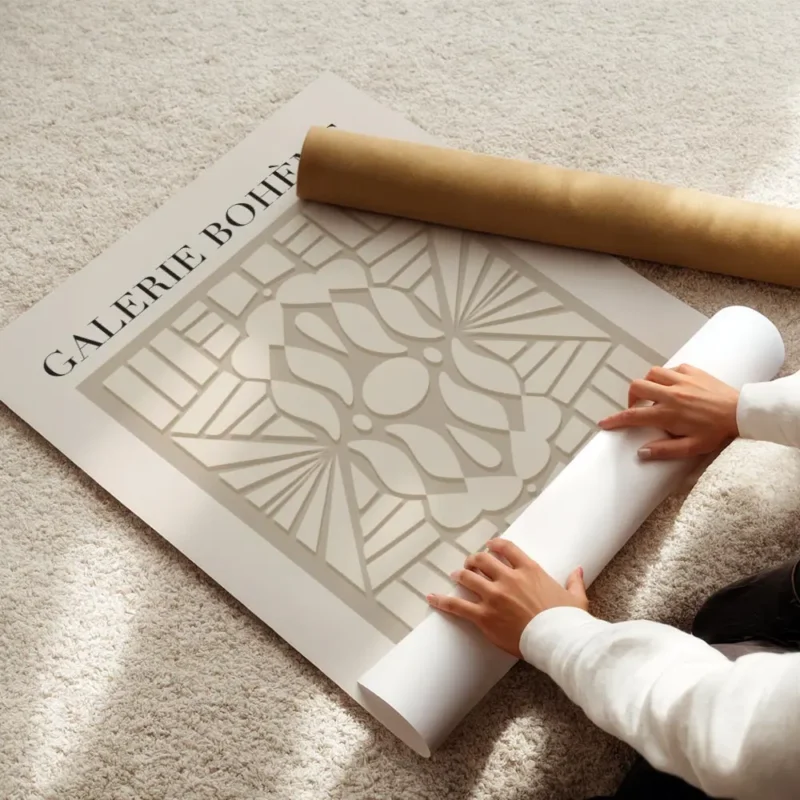 affiche avec motif abstrait beige sur fond gris et typographie galerie boheme enroule.webp