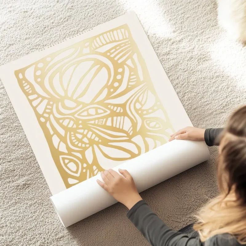 affiche avec motif abstrait dore texte typographie en haut et en bas sur fond cl au sol.webp