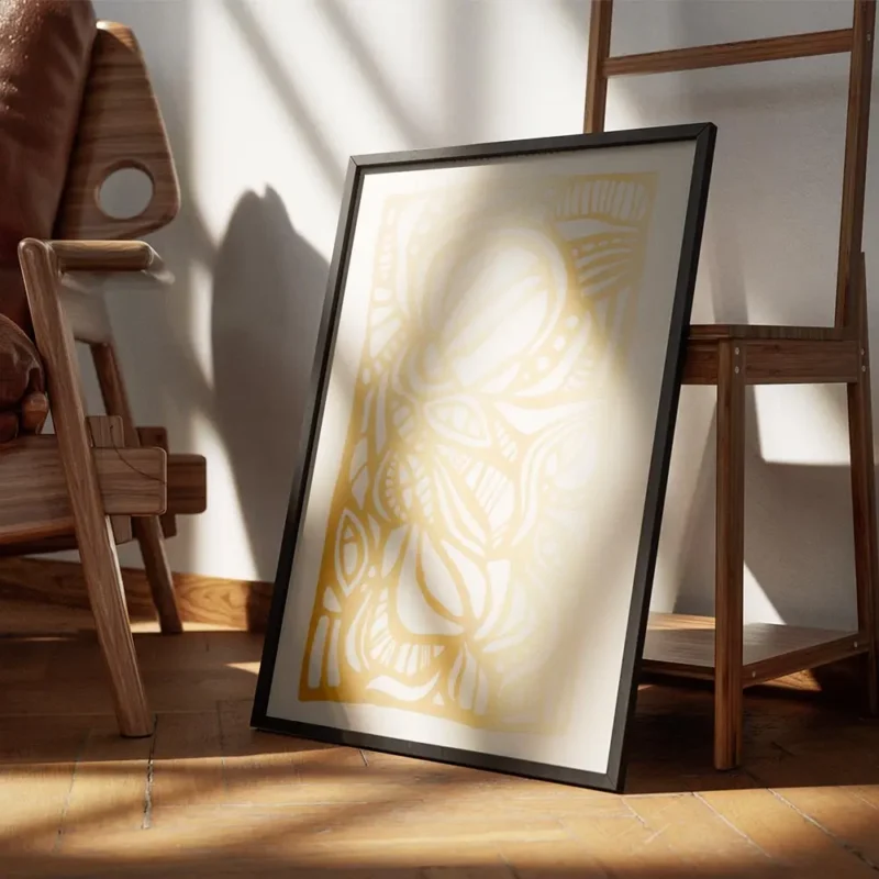affiche avec motif abstrait dore texte typographie en haut et en bas sur fond cl encadre.webp