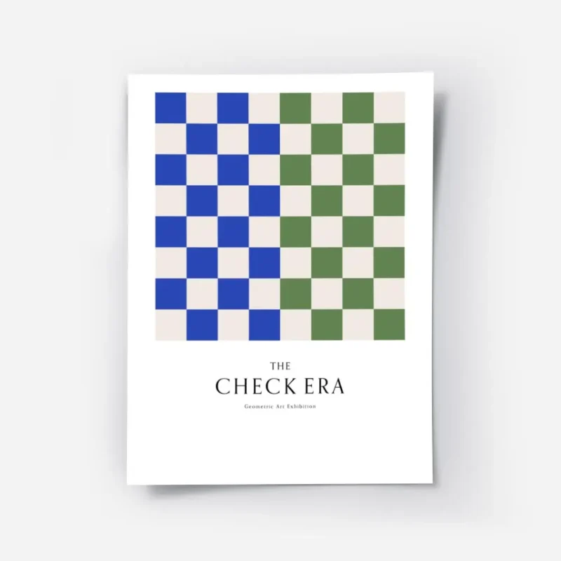 affiche avec motif de damier vert et bleu typographie the check era.webp
