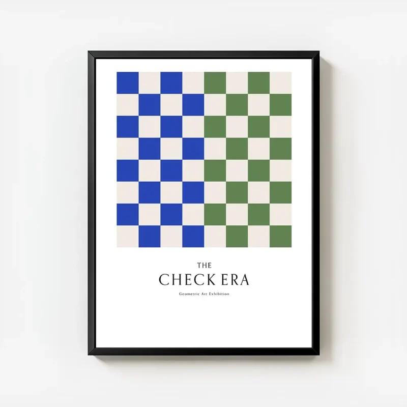 affiche avec motif de damier vert et bleu typographie the check era avec cadre.webp