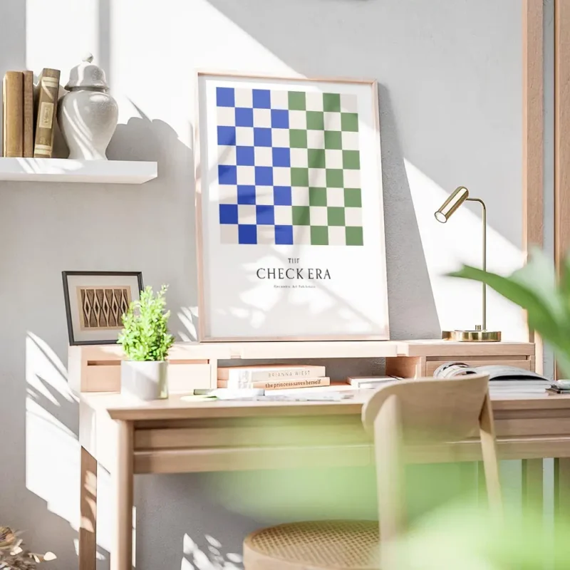 affiche avec motif de damier vert et bleu typographie the check era bureau.webp