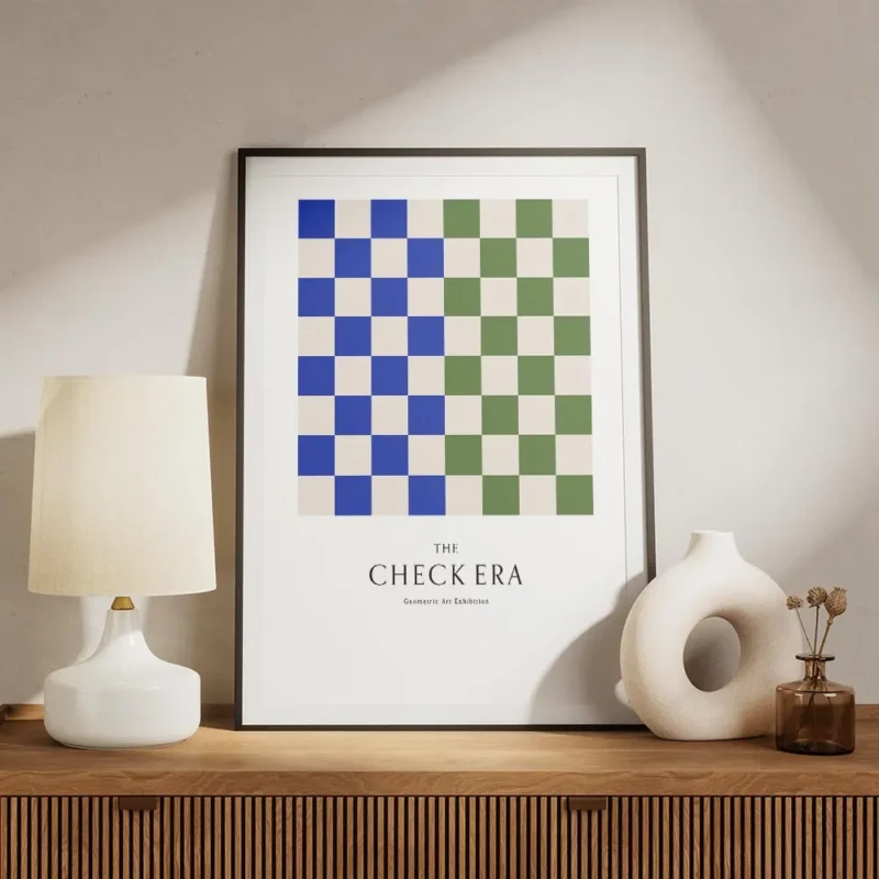 affiche avec motif de damier vert et bleu typographie the check era meuble.webp