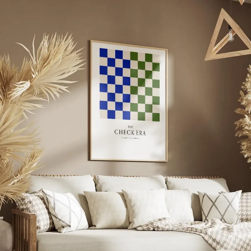 affiche avec motif de damier vert et bleu typographie the check era salon.webp
