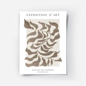 affiche avec motif de feuille abstraite marron et texte typographie noir sur fon.webp