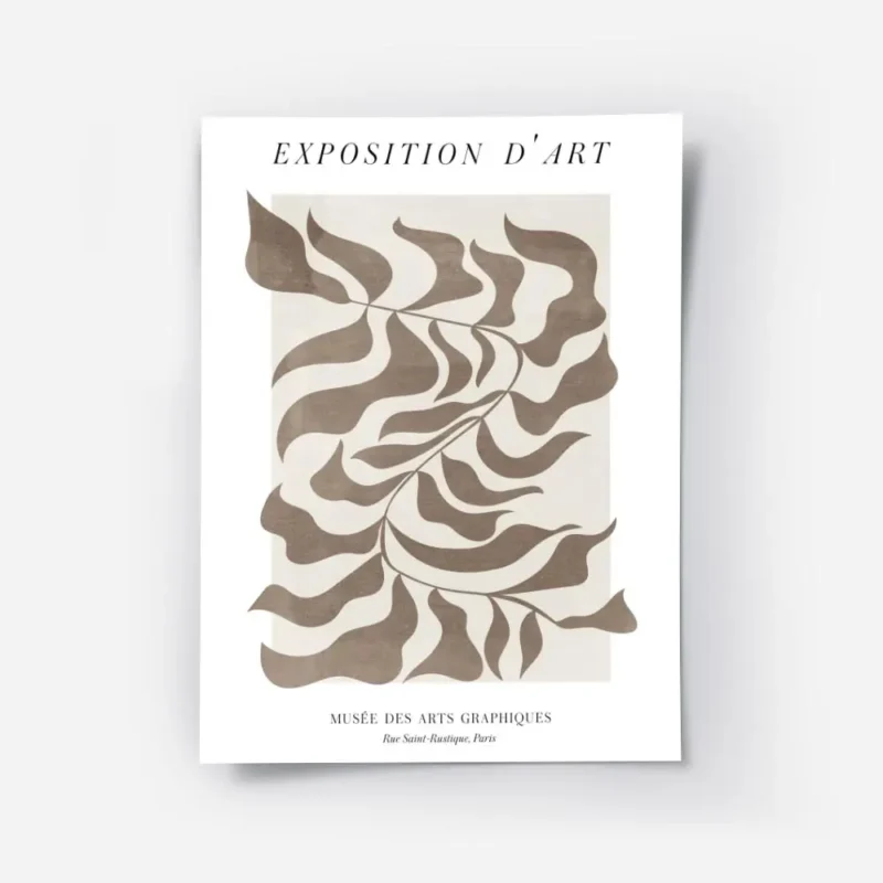 affiche avec motif de feuille abstraite marron et texte typographie noir sur fon.webp