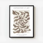 affiche avec motif de feuille abstraite marron et texte typographie noir sur fon avec cadre.webp