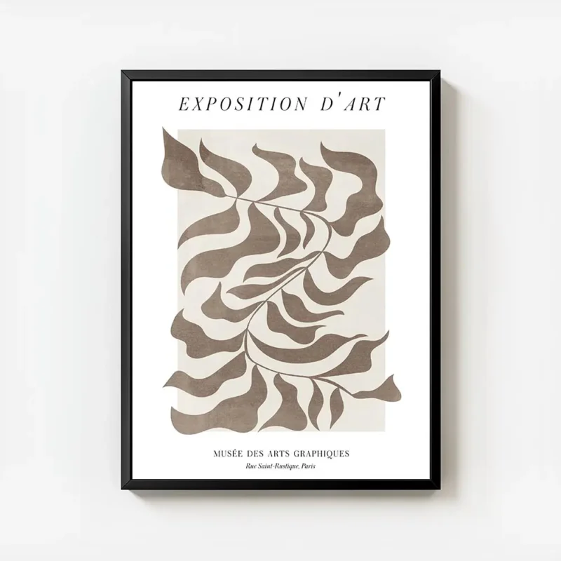 affiche avec motif de feuille abstraite marron et texte typographie noir sur fon avec cadre.webp