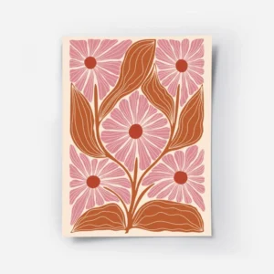 affiche avec motif floral stylise cinq fleurs roses et feuilles orange sur fond .webp