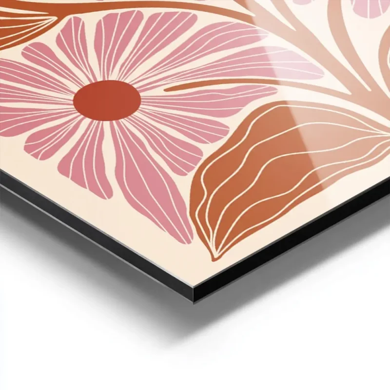 affiche avec motif floral stylise cinq fleurs roses et feuilles orange sur fond aluminium.webp