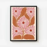 affiche avec motif floral stylise cinq fleurs roses et feuilles orange sur fond avec cadre.webp