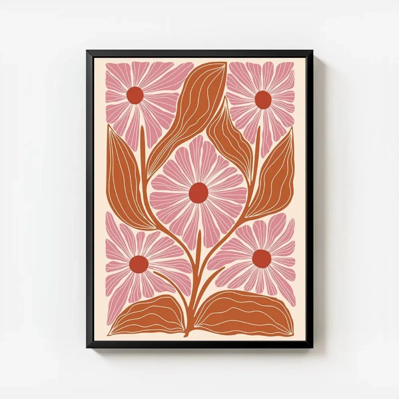 affiche avec motif floral stylise cinq fleurs roses et feuilles orange sur fond avec cadre.webp