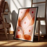 affiche avec motif floral stylise cinq fleurs roses et feuilles orange sur fond encadre.webp