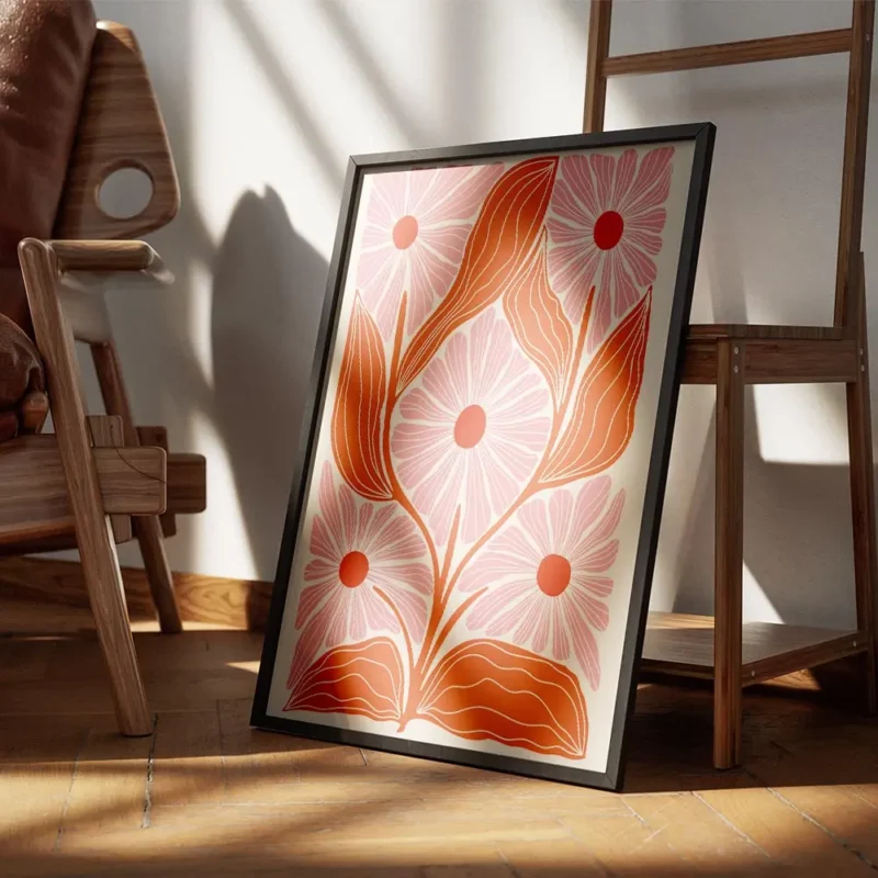 affiche avec motif floral stylise cinq fleurs roses et feuilles orange sur fond encadre.webp