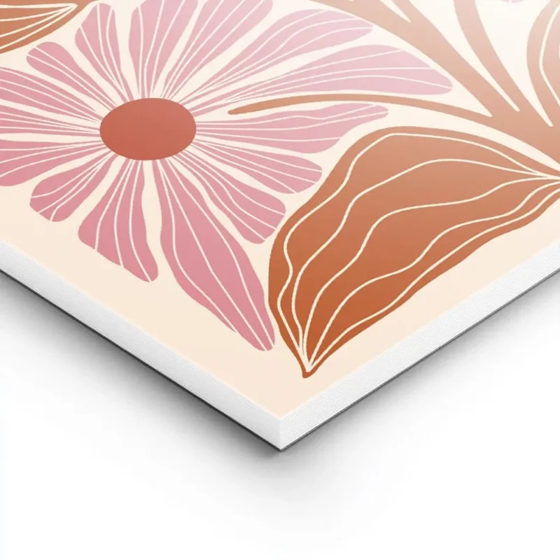 affiche avec motif floral stylise cinq fleurs roses et feuilles orange sur fond lightpanel.webp