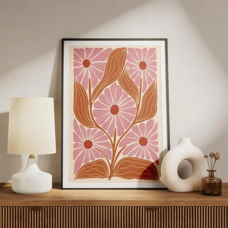 affiche avec motif floral stylise cinq fleurs roses et feuilles orange sur fond meuble.webp