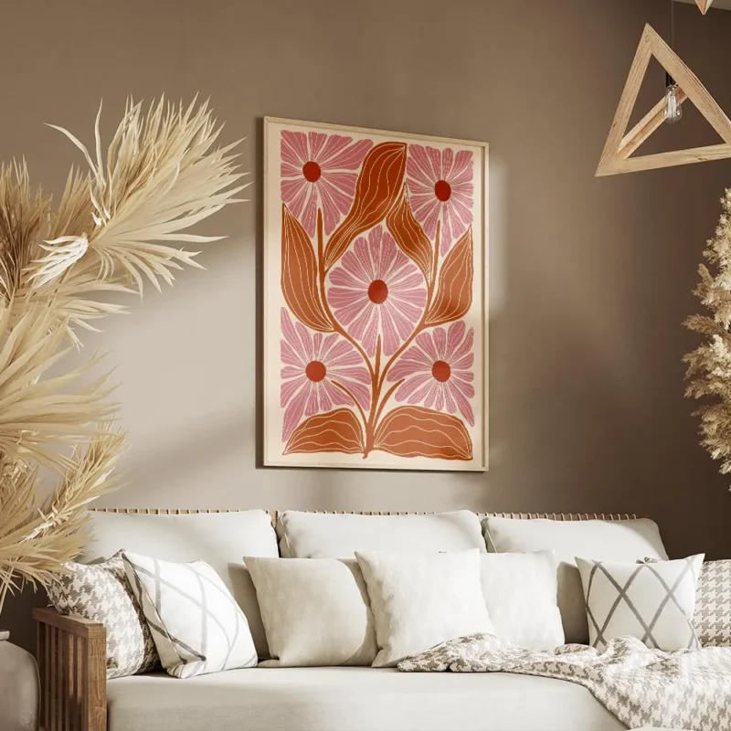 affiche avec motif floral stylise cinq fleurs roses et feuilles orange sur fond salon.webp
