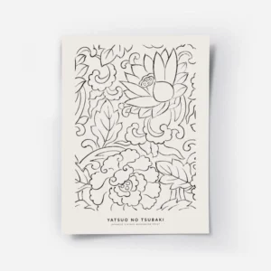 affiche avec motifs floraux japonais vintage lotus et camelia en noir sur fond b.webp