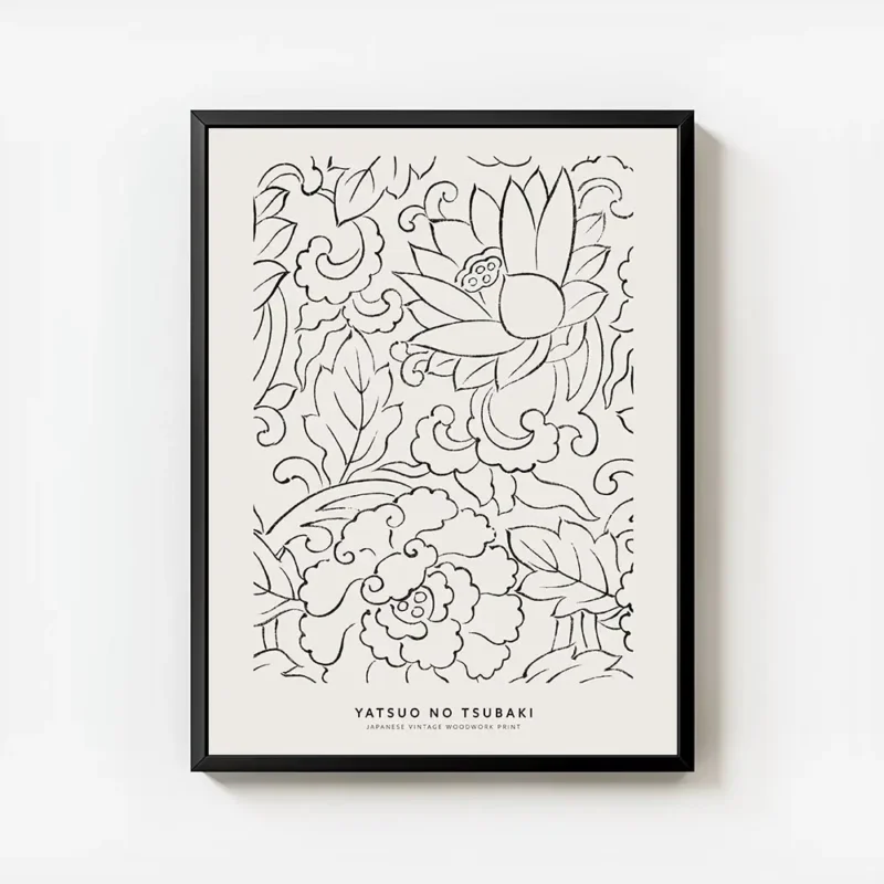affiche avec motifs floraux japonais vintage lotus et camelia en noir sur fond b avec cadre.webp