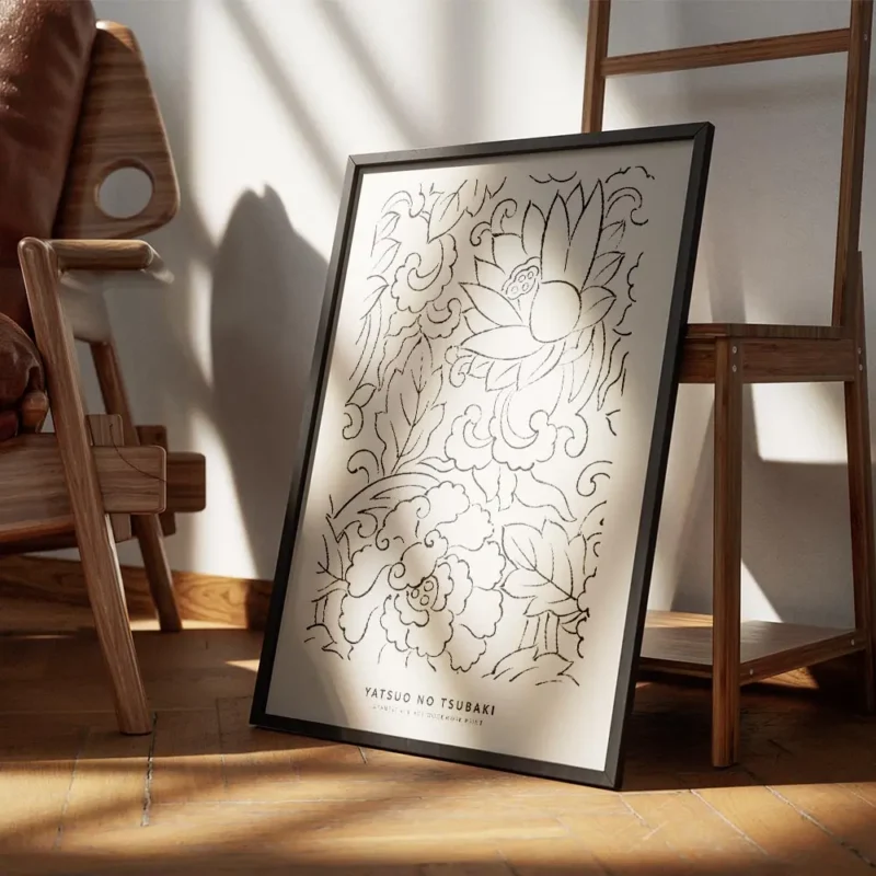 affiche avec motifs floraux japonais vintage lotus et camelia en noir sur fond b encadre.webp