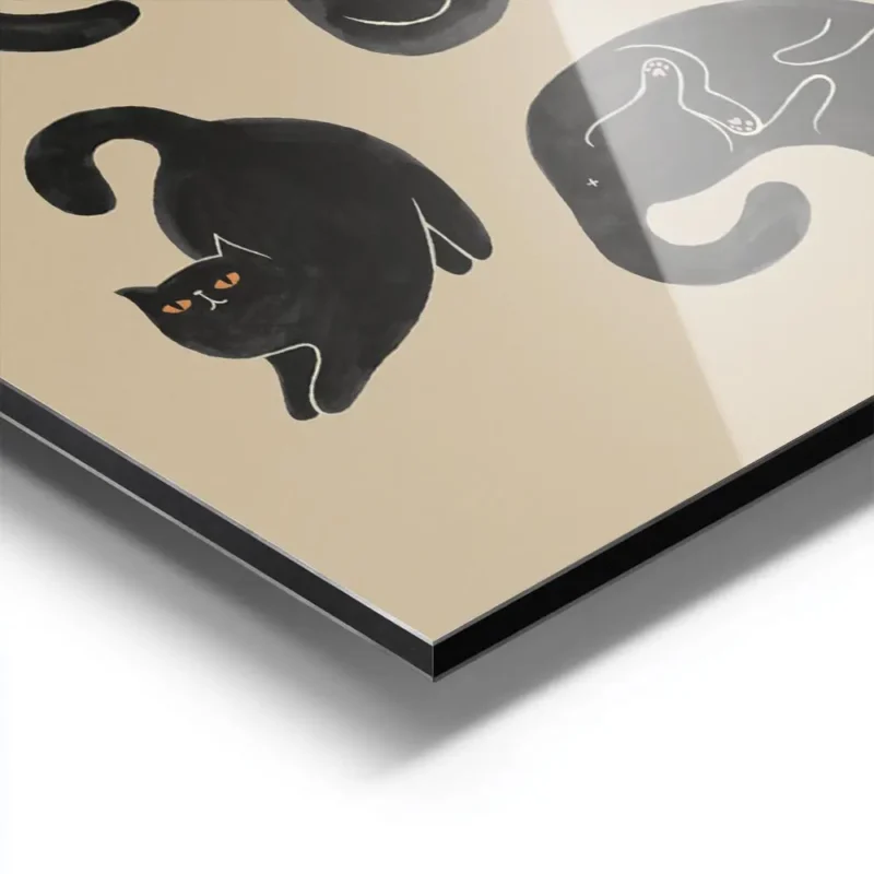 affiche avec neuf chats noirs aux yeux orange dans differentes poses ludiques su aluminium.webp