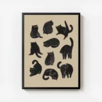 affiche avec neuf chats noirs aux yeux orange dans differentes poses ludiques su avec cadre.webp