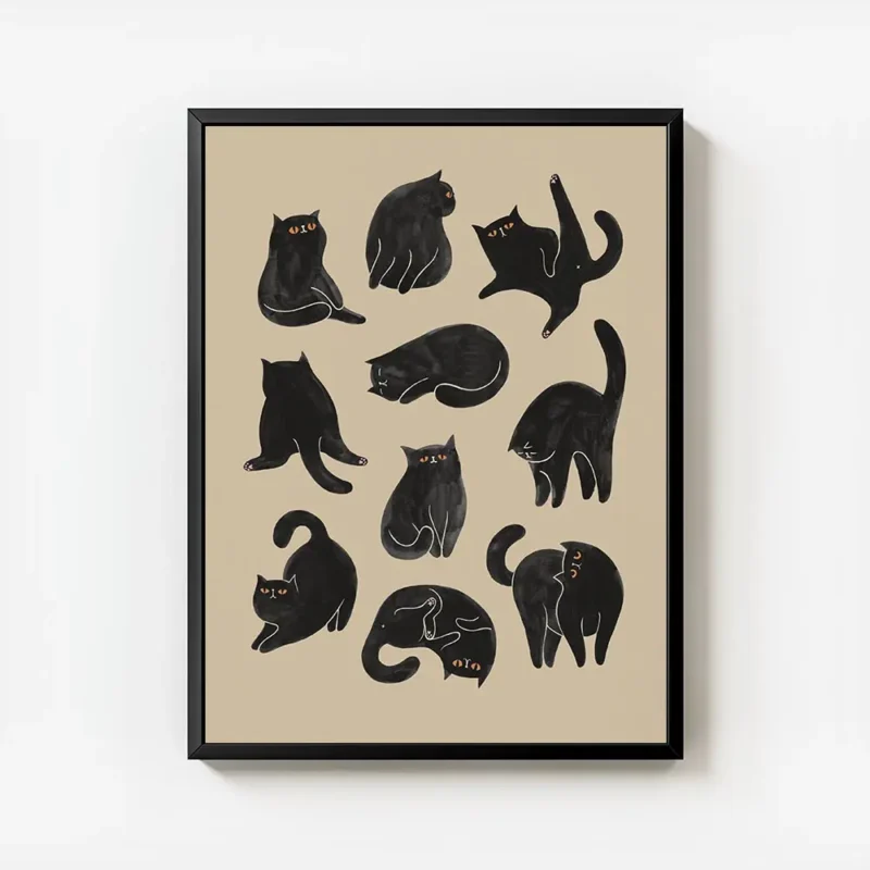affiche avec neuf chats noirs aux yeux orange dans differentes poses ludiques su avec cadre.webp