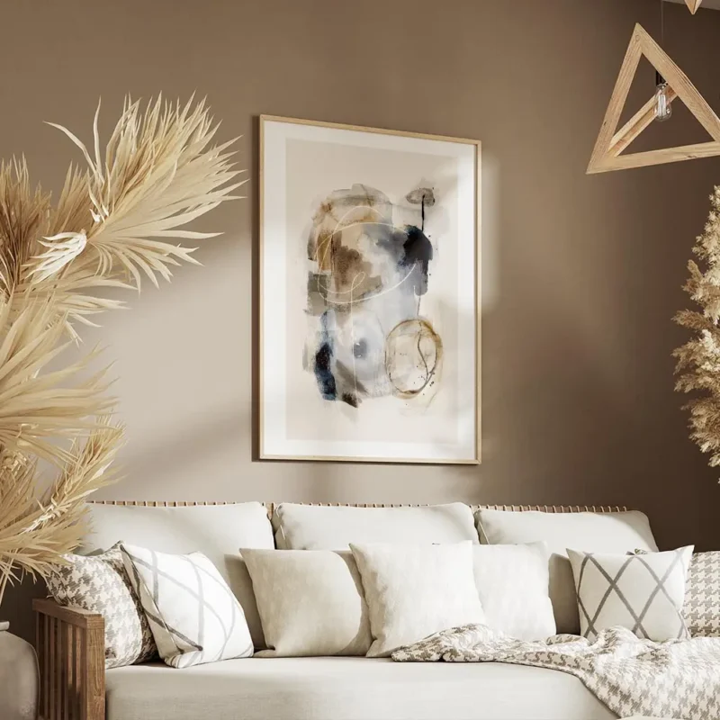 affiche avec peinture a laquarelle abstraite aux coups de pinceau beige et bleu salon.webp