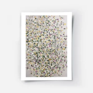 affiche avec peinture a points colores formant une feuille abstraite sur fond gr.webp