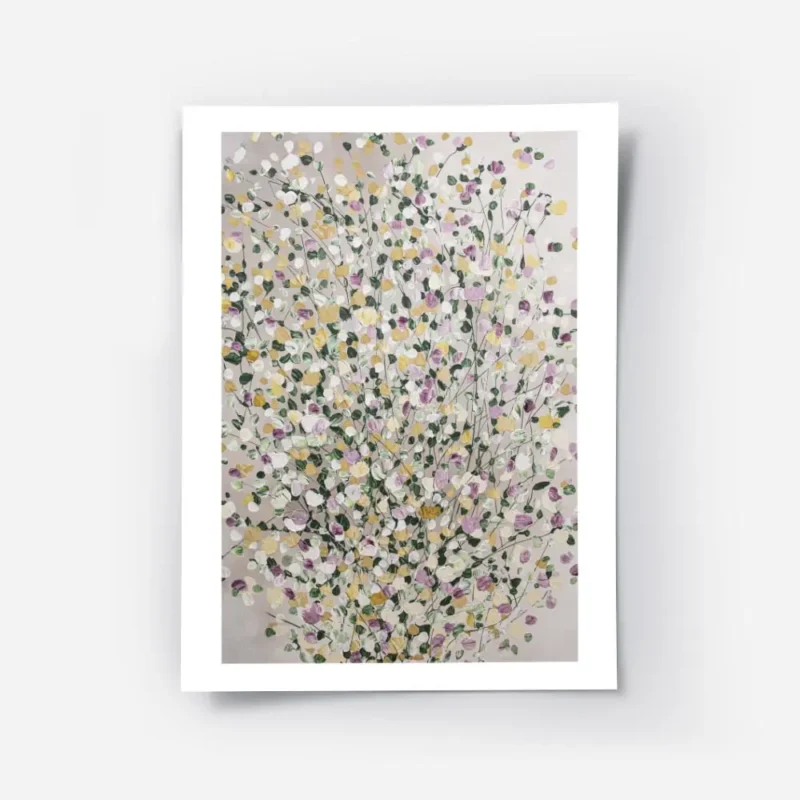 affiche avec peinture a points colores formant une feuille abstraite sur fond gr.webp