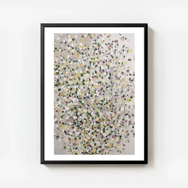 affiche avec peinture a points colores formant une feuille abstraite sur fond gr avec cadre.webp
