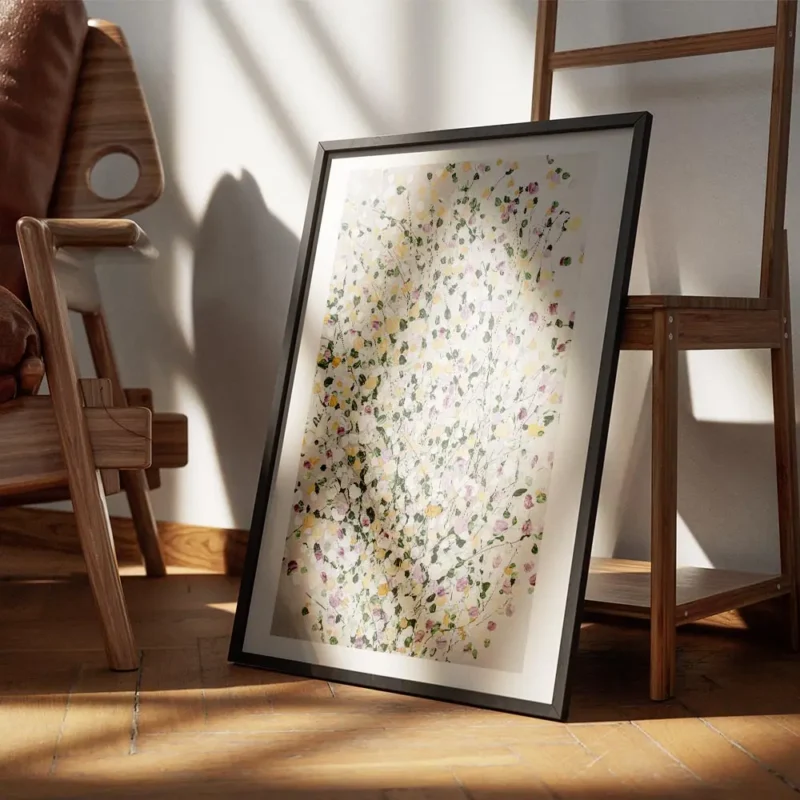 affiche avec peinture a points colores formant une feuille abstraite sur fond gr encadre.webp